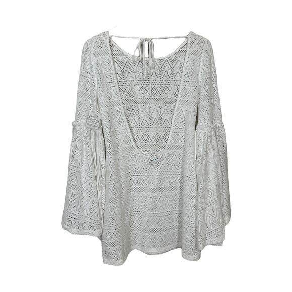 Free People Beach White Eyelet Bell Sleeve Cover Up Dress XS New Boho Tie Back - Picture 3 of 7